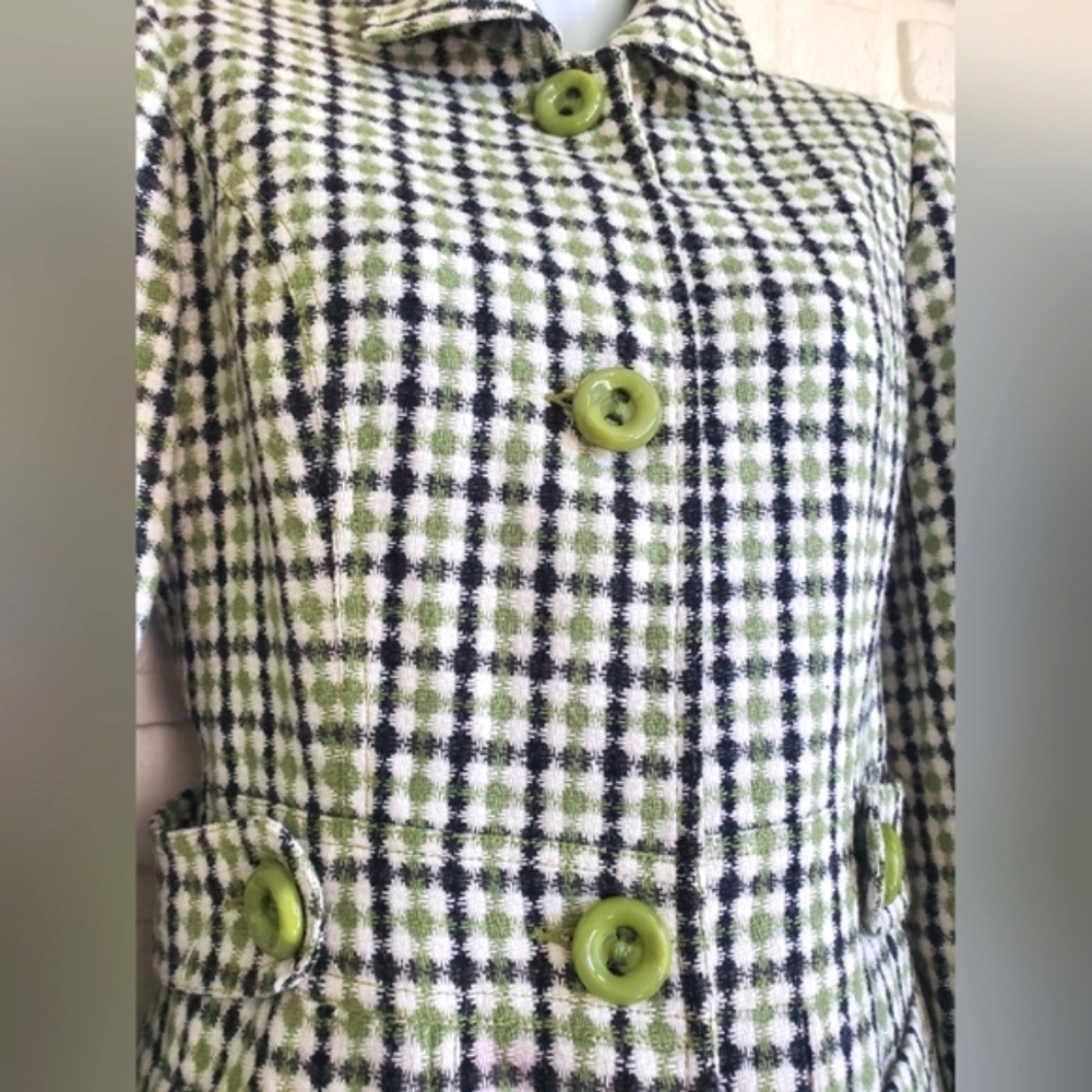Retro Green Black Plaid 3/4 Length Tailored Coat Jacket Size Medium - Picture 2 of 16